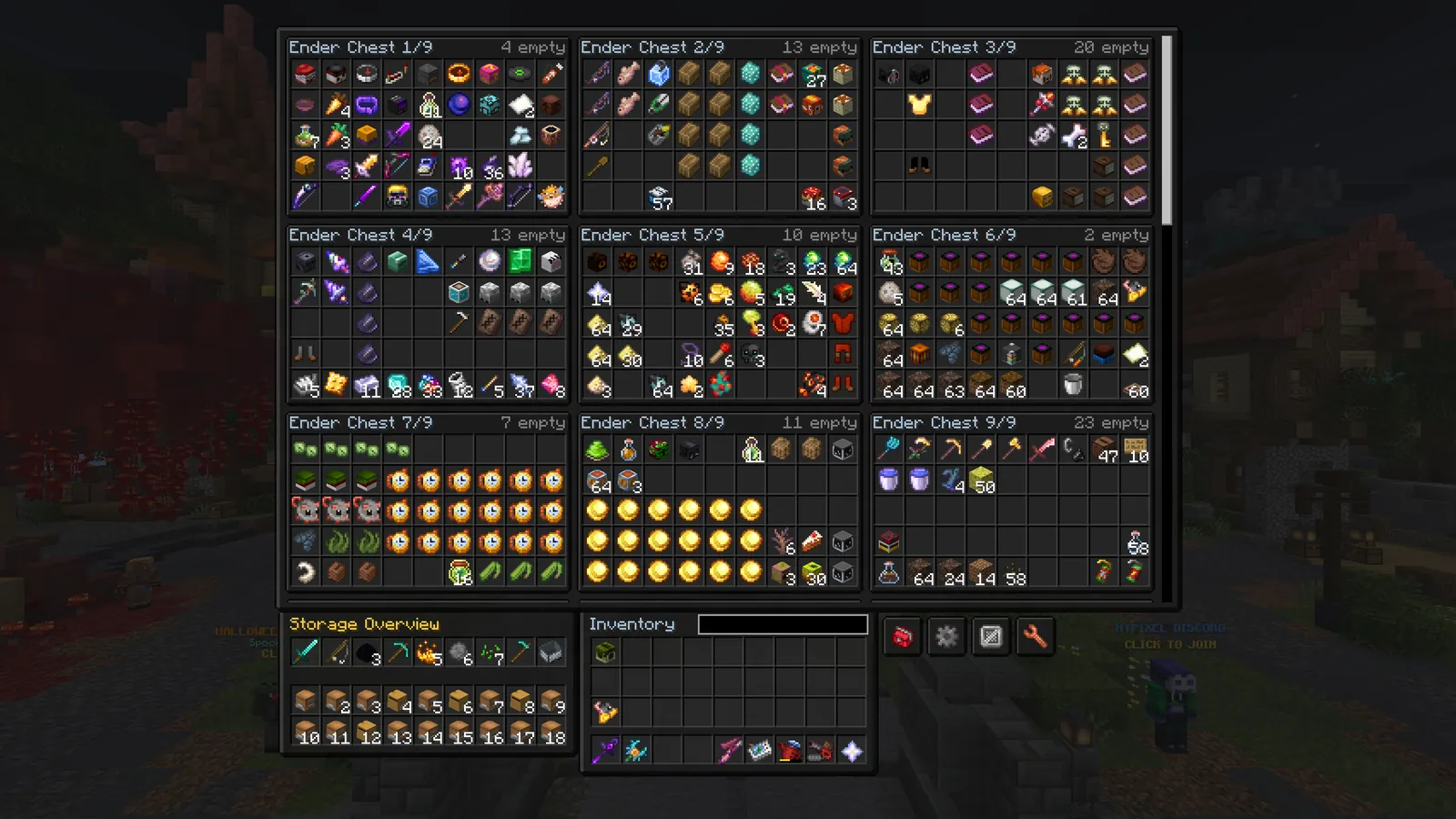 Hypixel SkyBlock storage overlay showing every Ender Chest and Backpack page at once